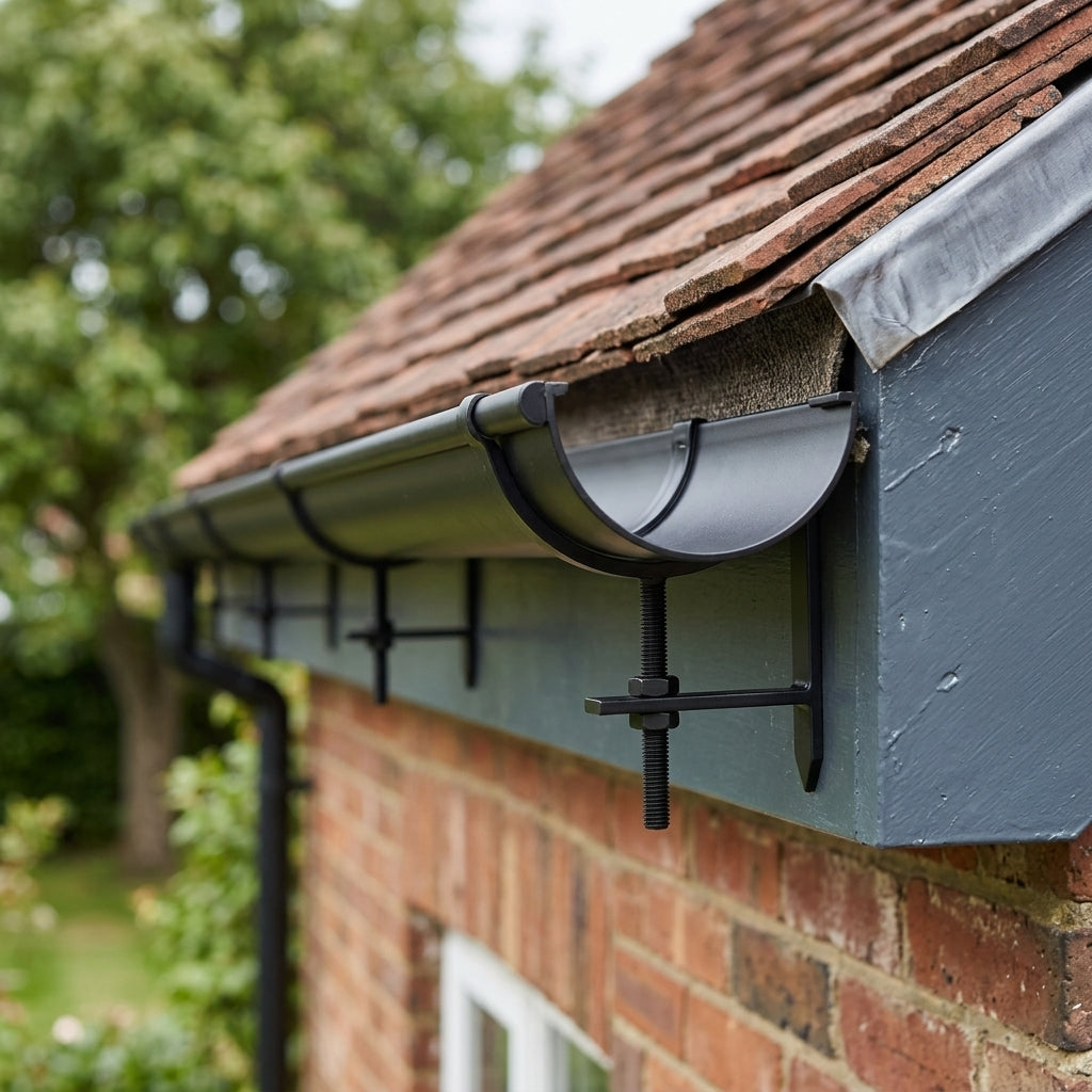 Half Round Aluminium Gutter Rise and Fall Bracket 125mm — RAL 9005 (in use)