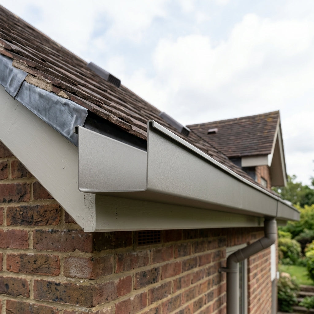 Aluminium Box Gutter Length 135×100mm 3m Marine Grade — RAL 7036 (in use)