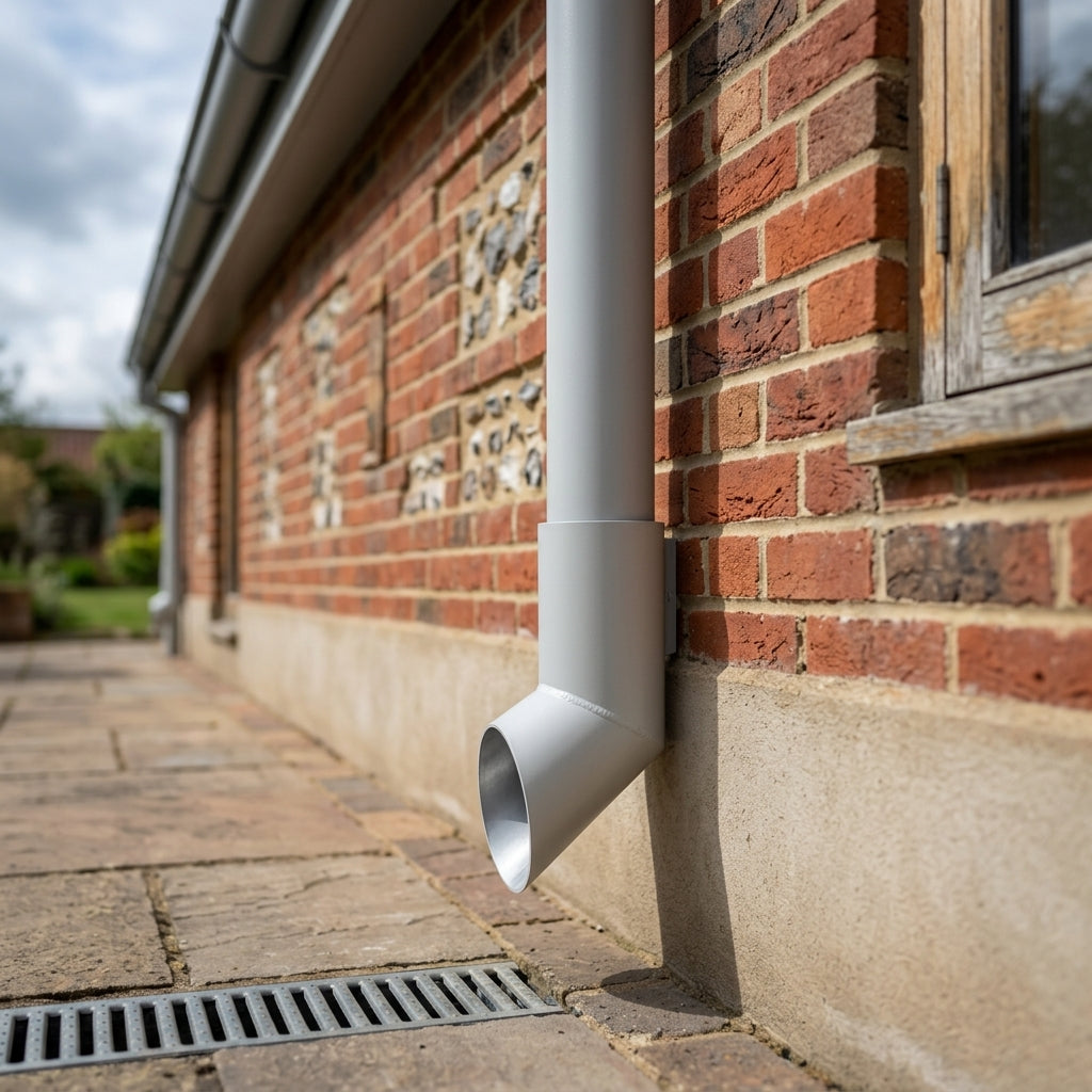 76mm Diameter Flush Joint Aluminium Downpipe Shoe — RAL 7035 (in use)