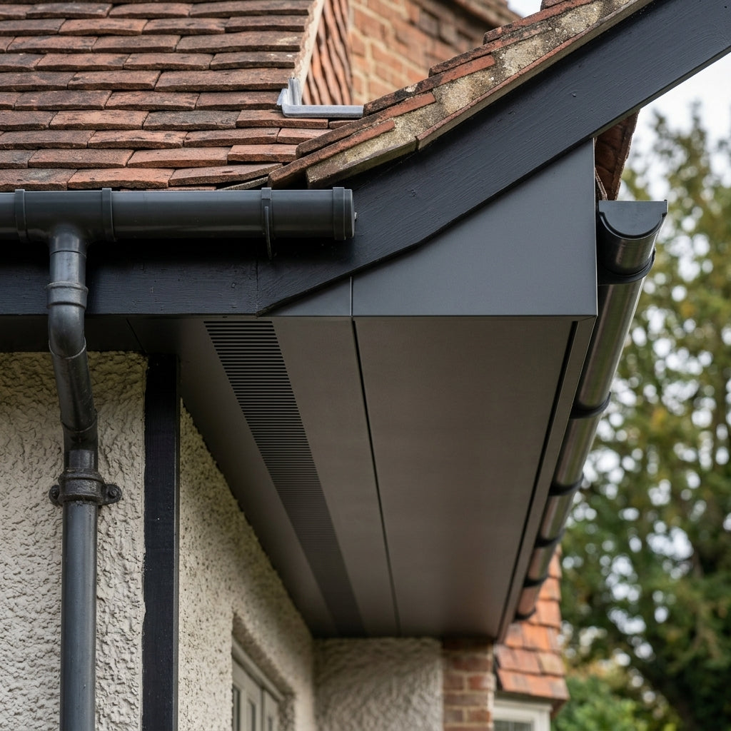 Aluminium Soffit Boards – Plain or Vented with Exterior Coating — RAL 7021 / 365mm Wide | Vented (in use)