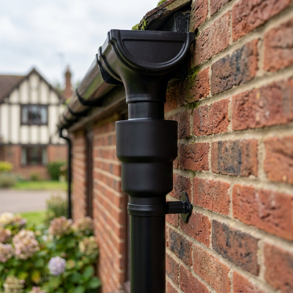 76mm Ø Outlet to Downpipe Length Connector — RAL 9005 (in use)