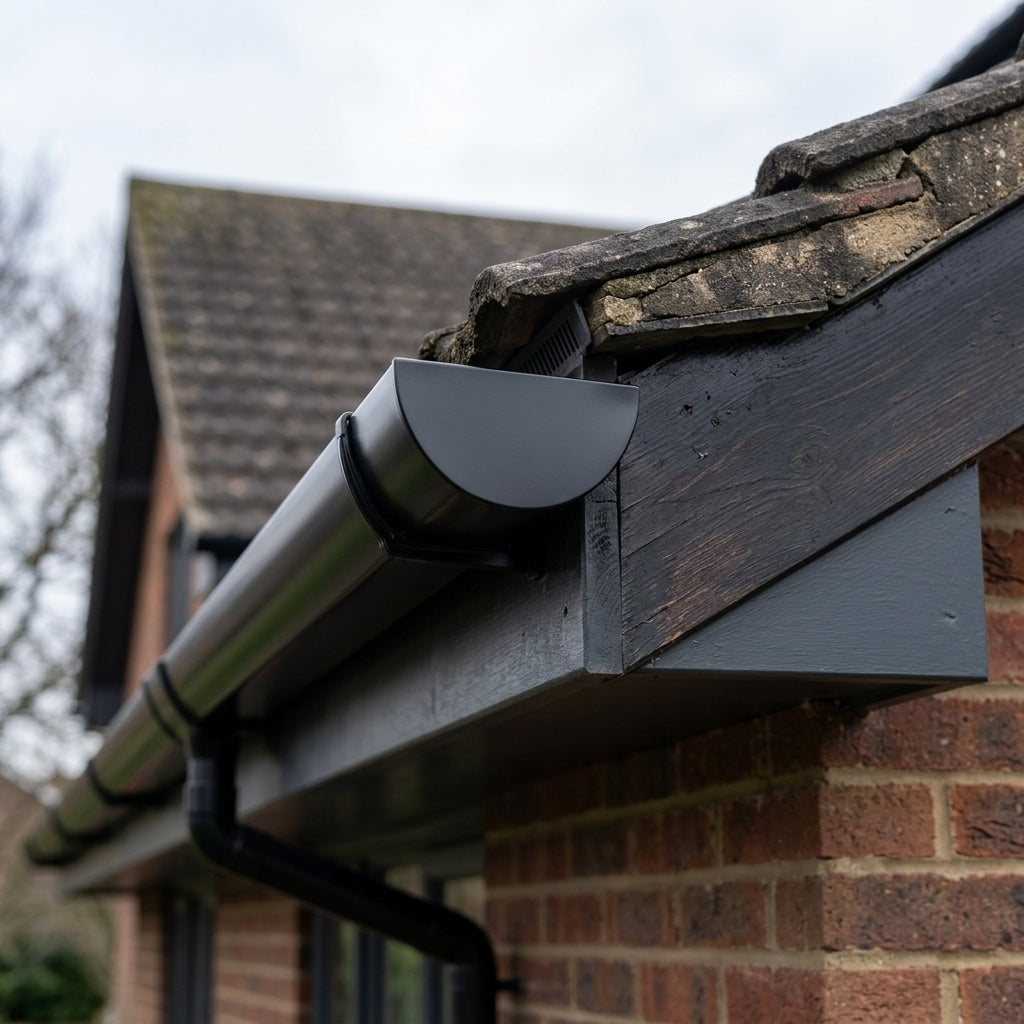 130mm Deepflow Aluminium Gutter Stop End — RAL 9005 (in use)