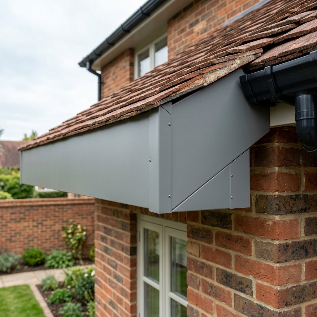 U Return Aluminium Fascia Angle Covers for Mitred Corners — RAL 7037 / 135 Deg Internal Angle (in use)