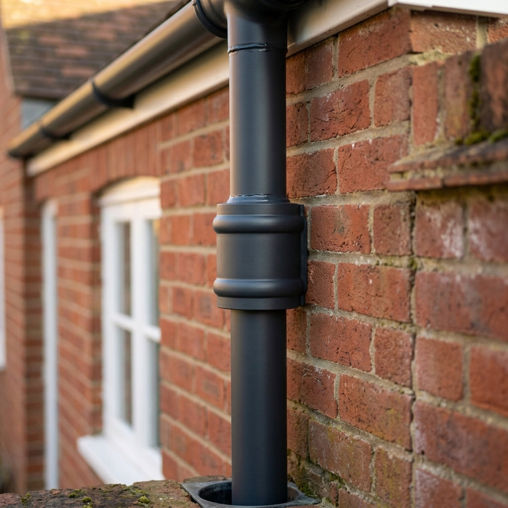 76mm Traditional Aluminium Downpipe Socket Non-Eared Spare — RAL 7021 (in use)