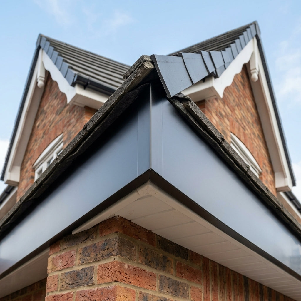 V Return Aluminium Fascia Angle Covers for Mitred Corners — RAL 9005 / 135 Deg External Angle (in use)