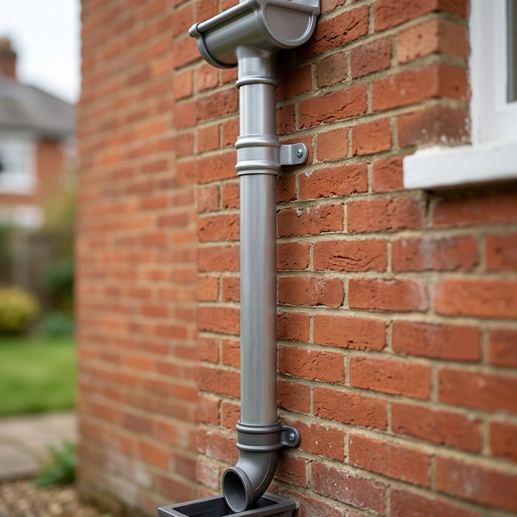 Traditional Aluminium Downpipe Sample — RAL 9006 / 76mmØ (in use)