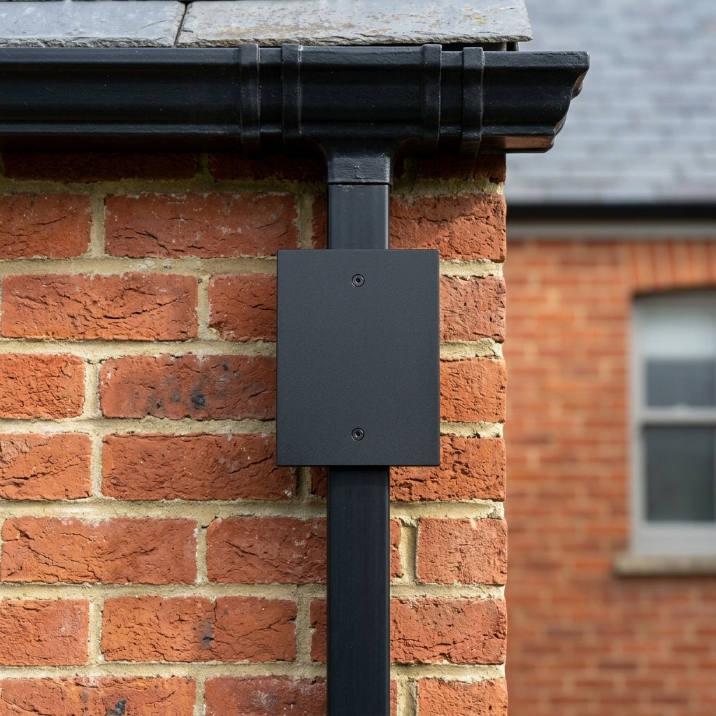 Aluminium Downpipe Access Plate 72x72mm — Textured Black (in use)