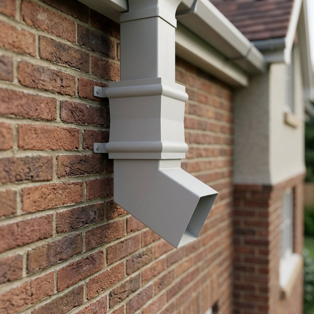 Traditional Aluminium Downpipe Bends 72x72mm – 92.5° & 112.5° — RAL 7035 / 112.5 Degrees (in use)