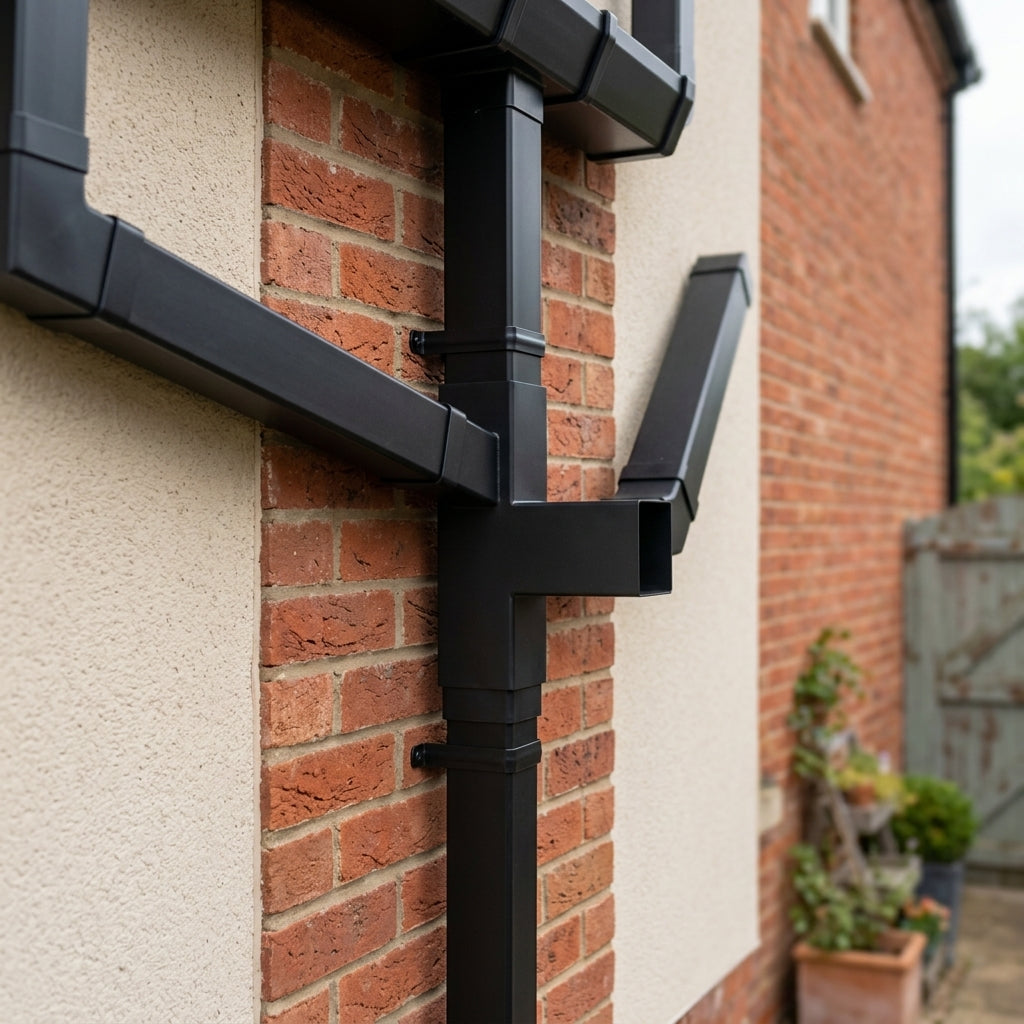 72x72mm Flush Joint Downpipe Branches — 92.5° & 112.5° — RAL 9005 / 92.5 Degrees (in use)