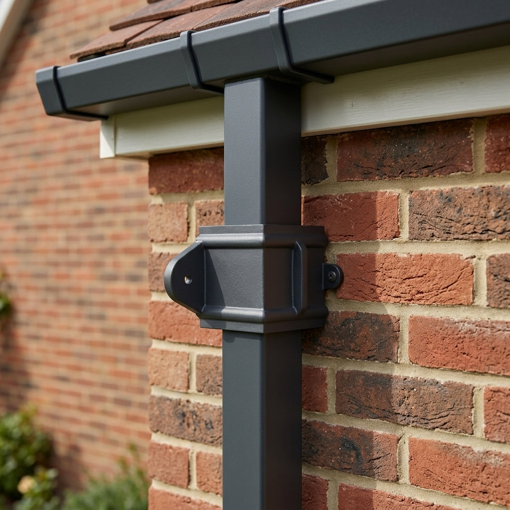 Traditional Downpipe Spare Socket Eared 72x72mm Aluminium — RAL 7021 (in use)