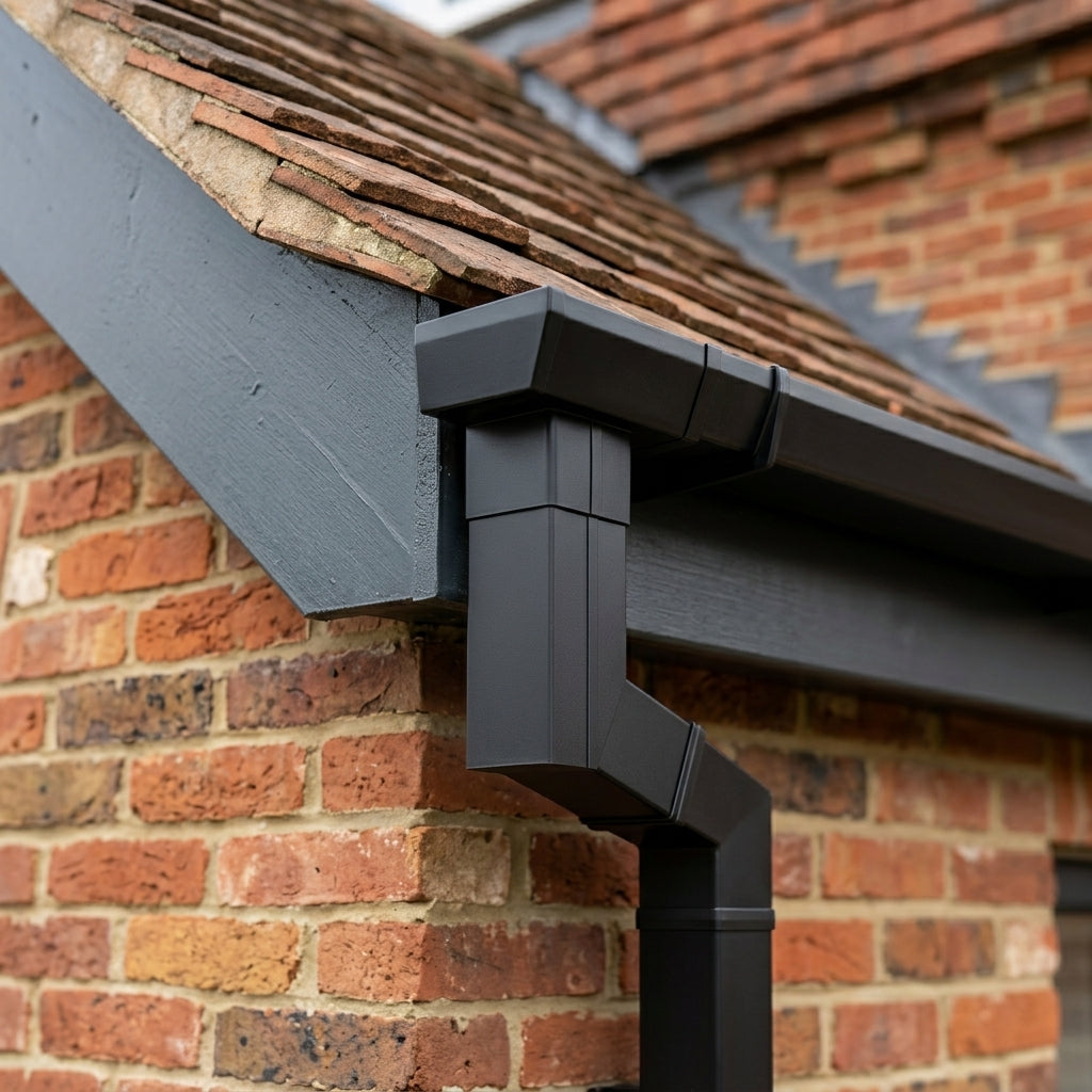 72x72mm Aluminium Gutter Outlet Spigot Extender — RAL 9005 (in use)
