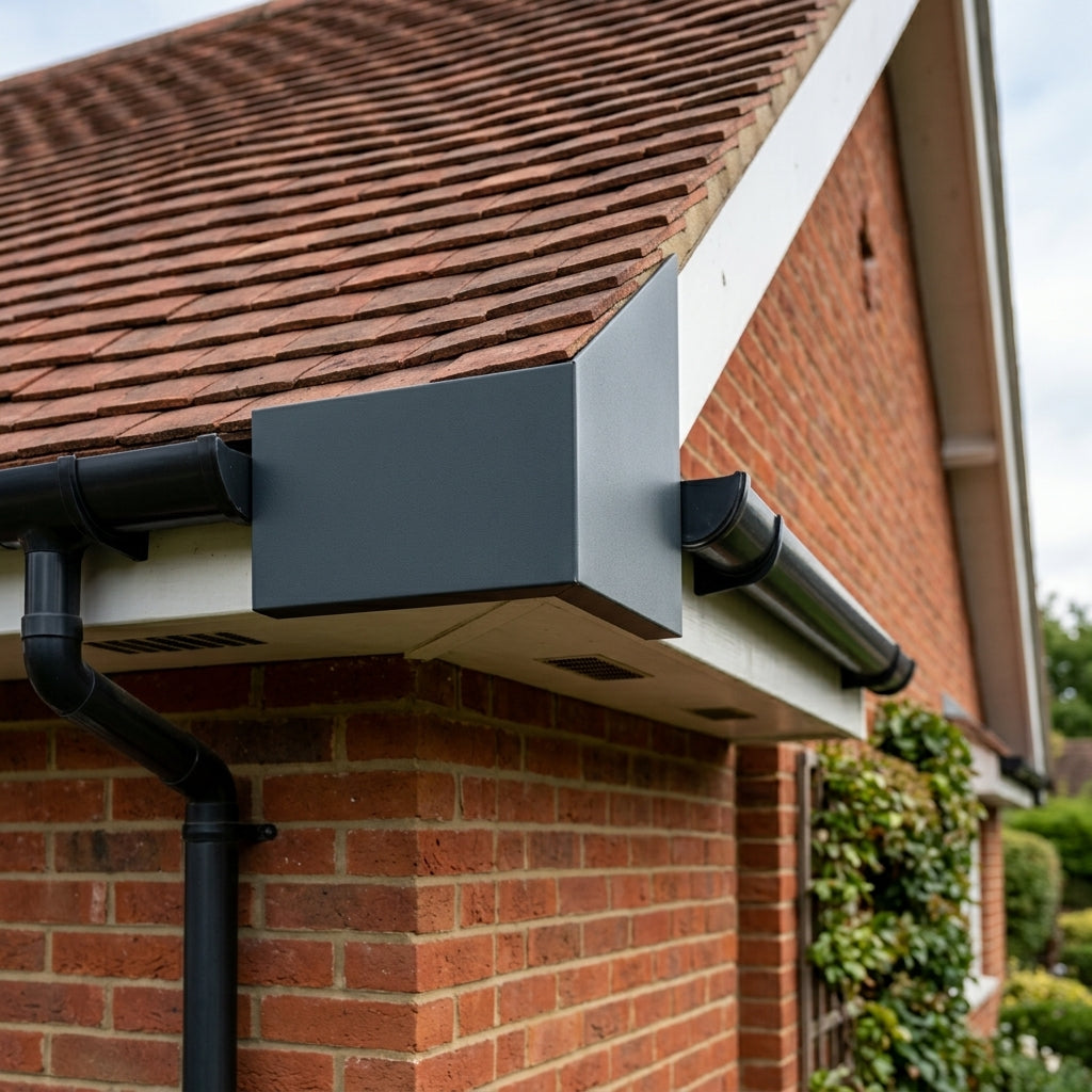 U Return Aluminium Fascia Angle Covers for Mitred Corners — RAL 7016 / 90 Deg Internal Angle (in use)