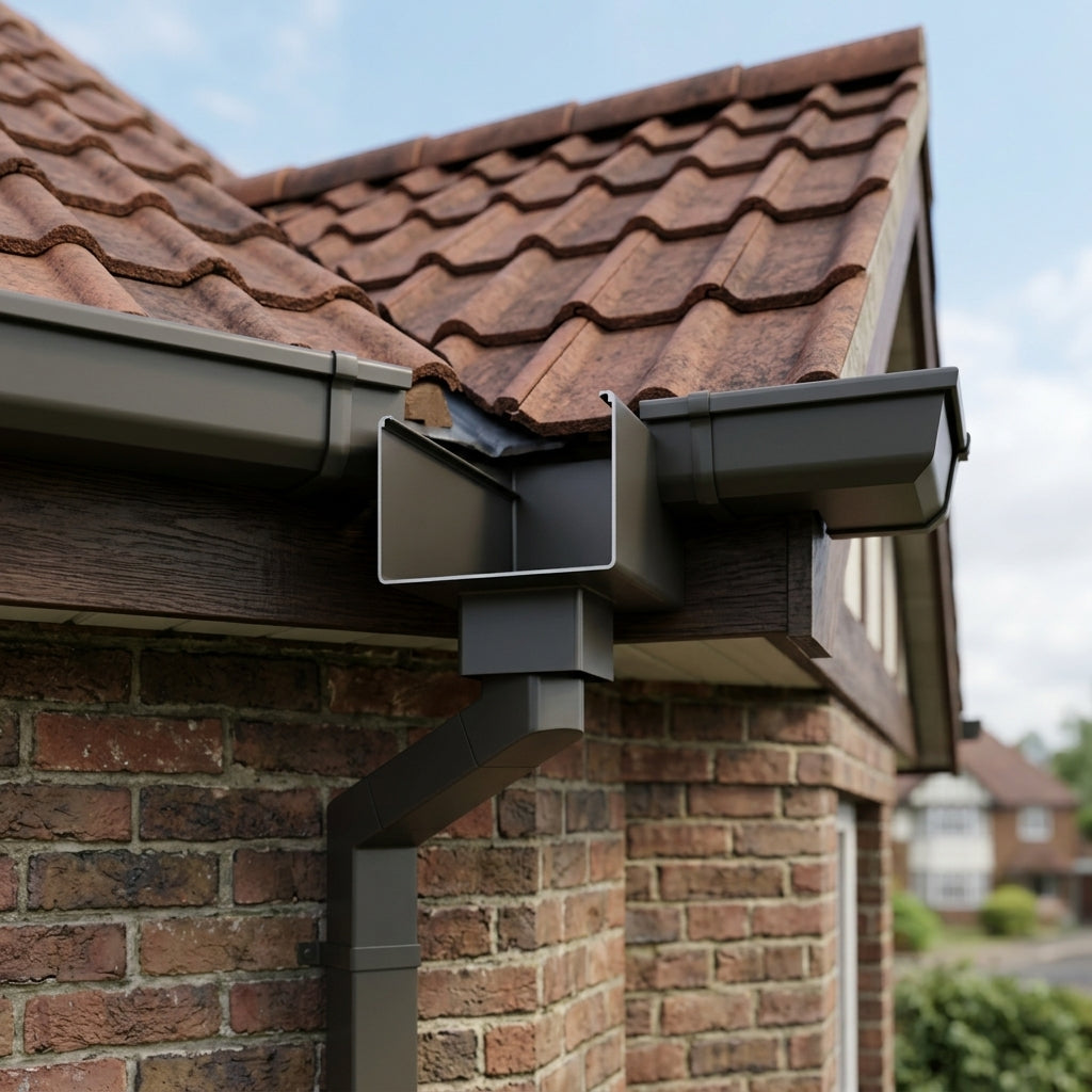 Aluminium Box Gutter Outlet 72×72mm to 135×100mm — RAL 7022 (in use)