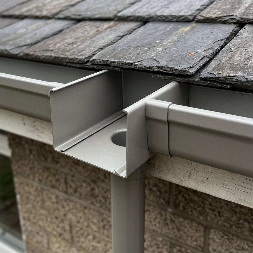 Aluminium Box Gutter Outlet 63mm Diameter 135 x 100mm — RAL 7036 (in use)