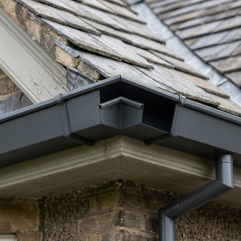135° Aluminium Box Gutter Angle 135 x 100mm — RAL 7021 (in use)