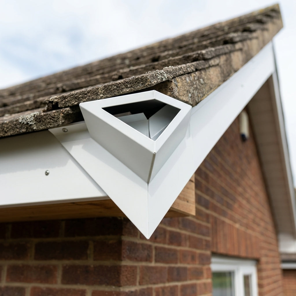 V Return Aluminium Fascia Angle Covers for Mitred Corners — RAL 9016 / 90 Deg External Angle (in use)