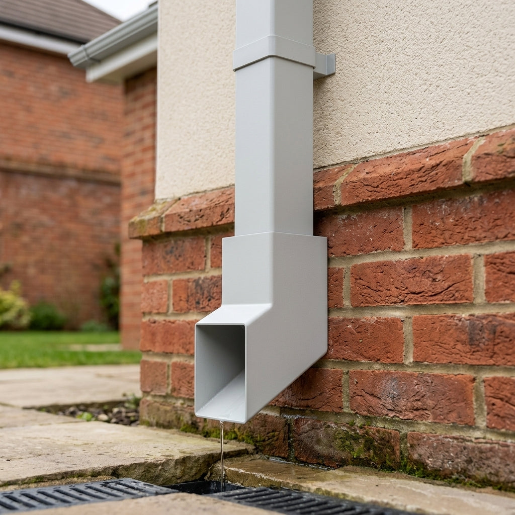 72x72mm Flush Joint Aluminium Downpipe Shoe — RAL 7035 (in use)
