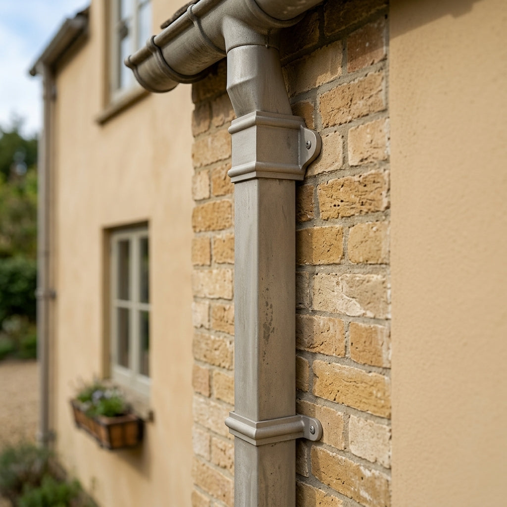 Traditional Aluminium Downpipe Sample — RAL 7036 / 72x72mm (in use)