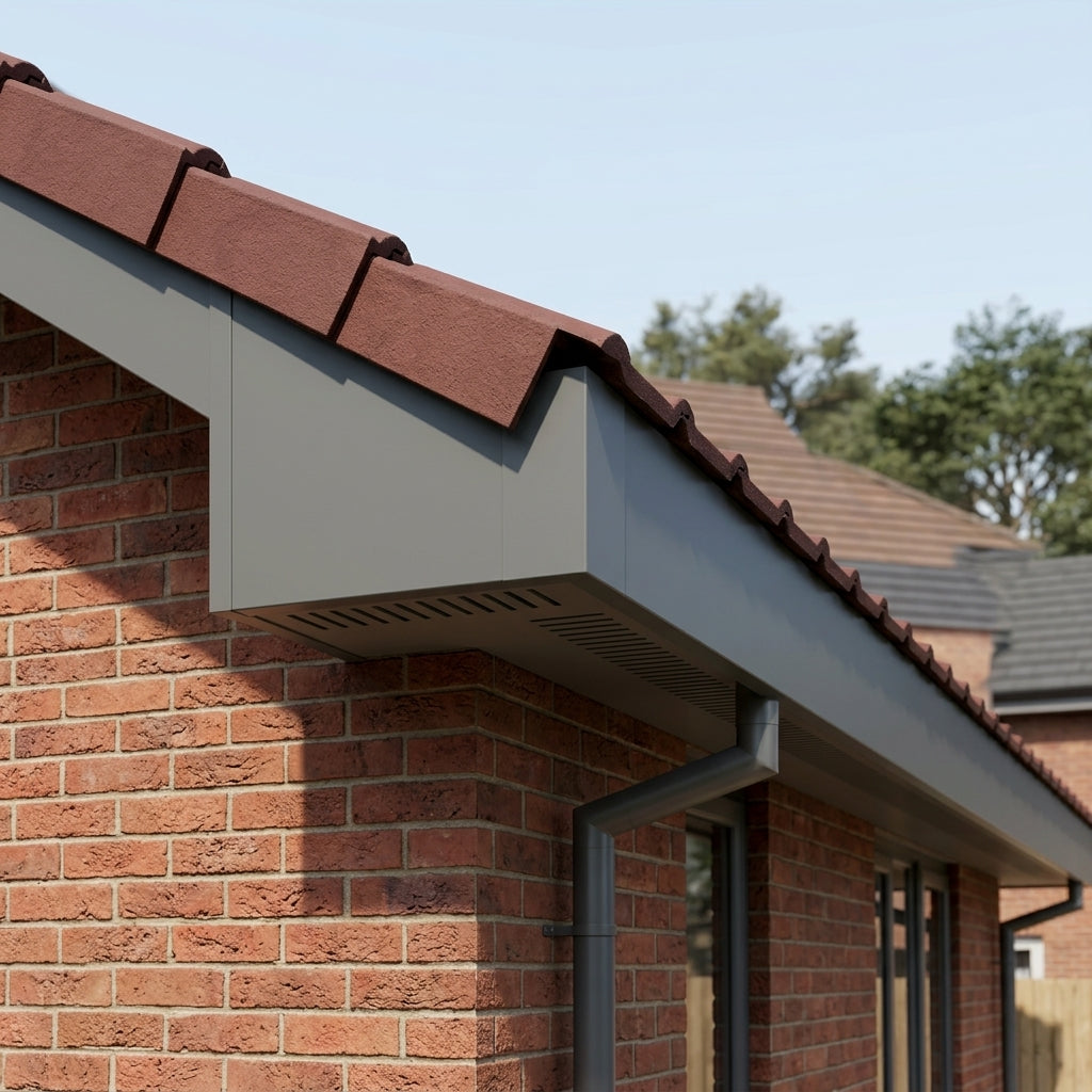V Return Aluminium Fascia Angle Covers for Mitred Corners — RAL 7037 / 90 Deg Internal Angle (in use)