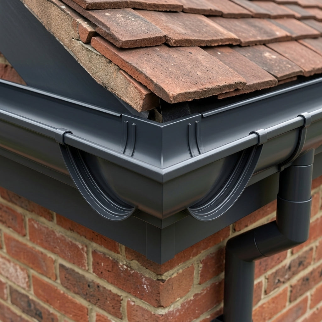 90° Aluminium Gutter Angle 130mm - Marine Grade — RAL 7021 (in use)