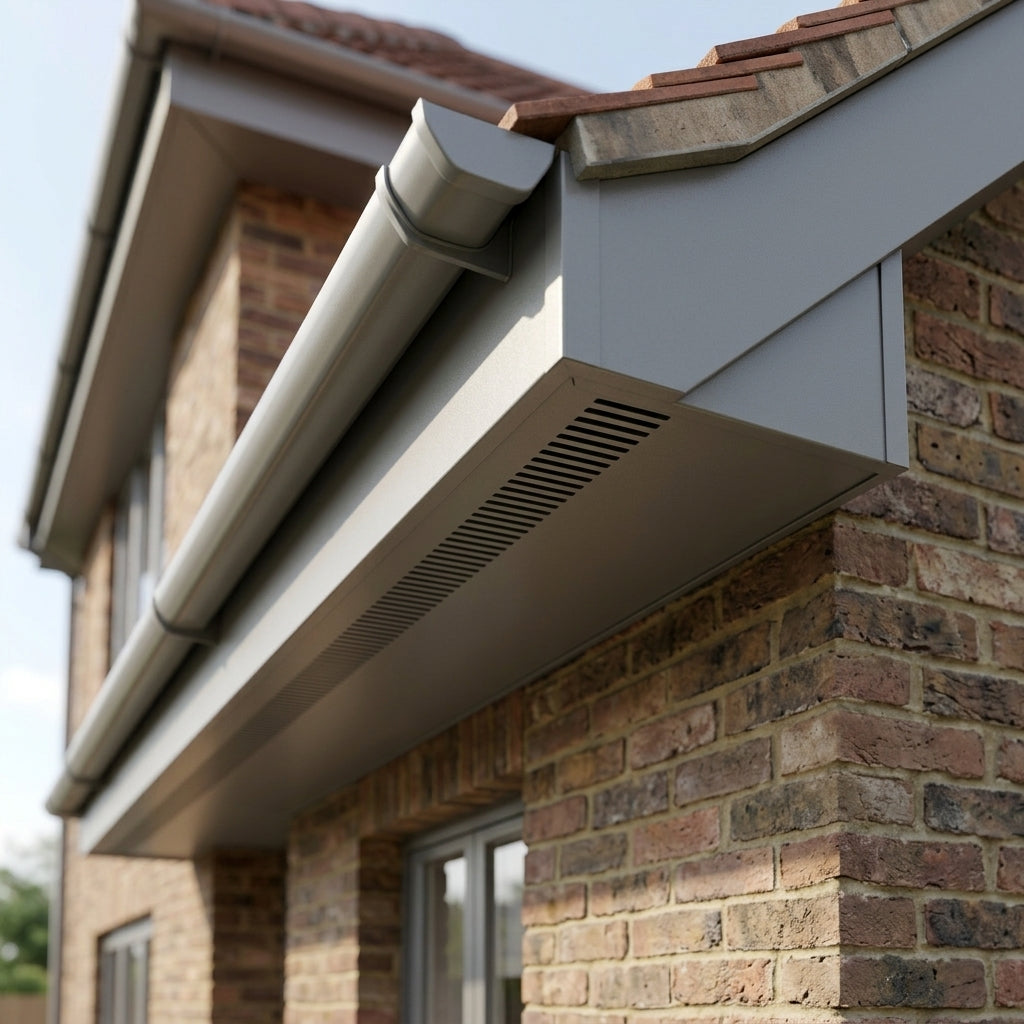 Aluminium Soffit Boards – Plain or Vented with Exterior Coating — RAL 7036 / 490mm Wide | Vented (in use)