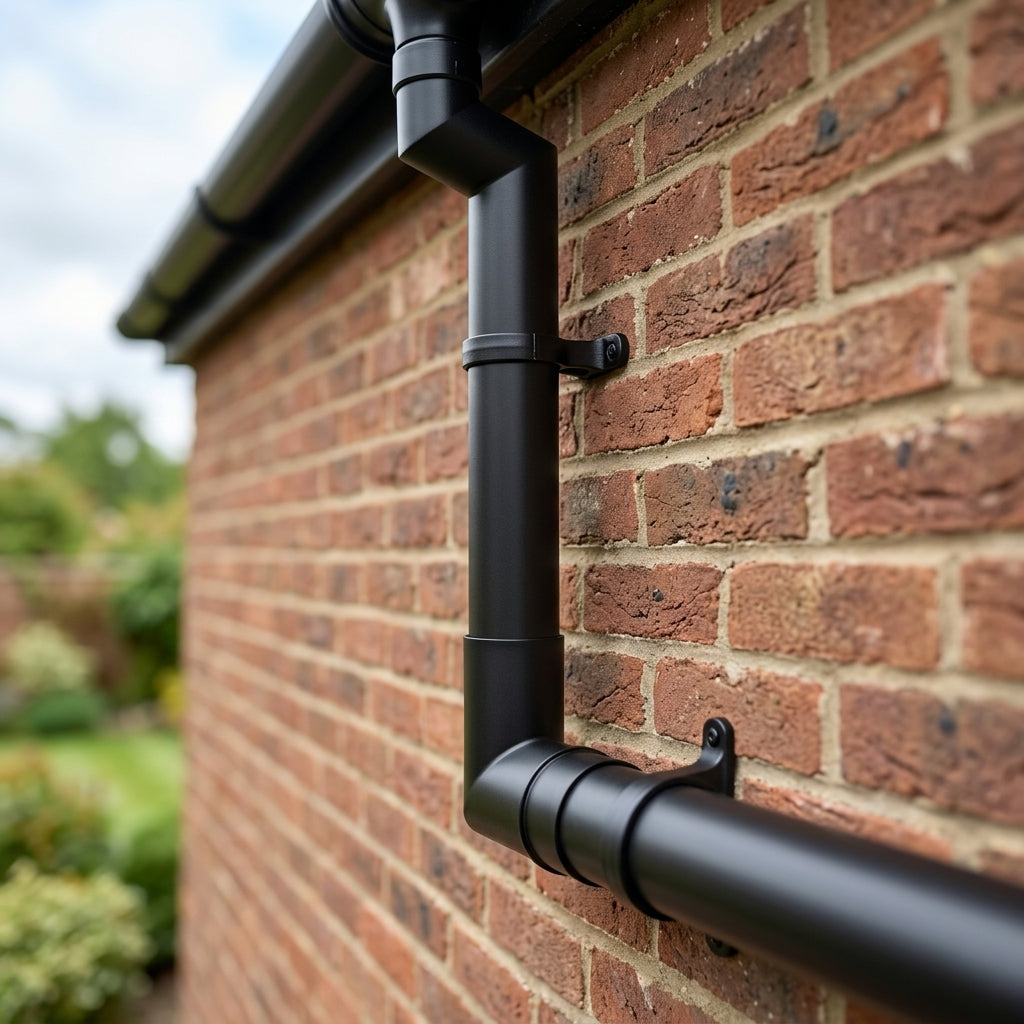 Flush Joint Aluminium Downpipe Bends 63mm Diameter — RAL 9005 / 92.5 Deg (in use)