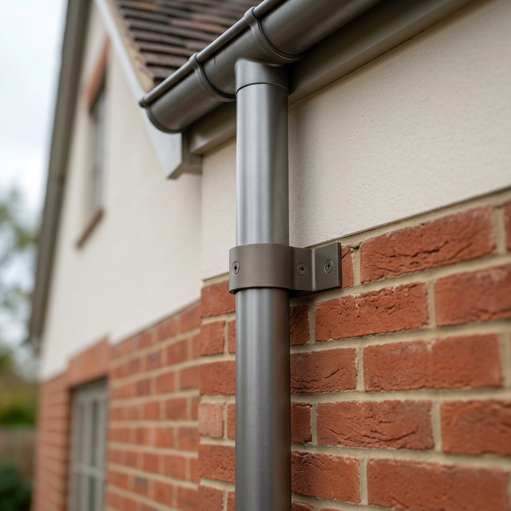 76mm Aluminium Downpipe Clip – Flush Joint — RAL 7022 (in use)