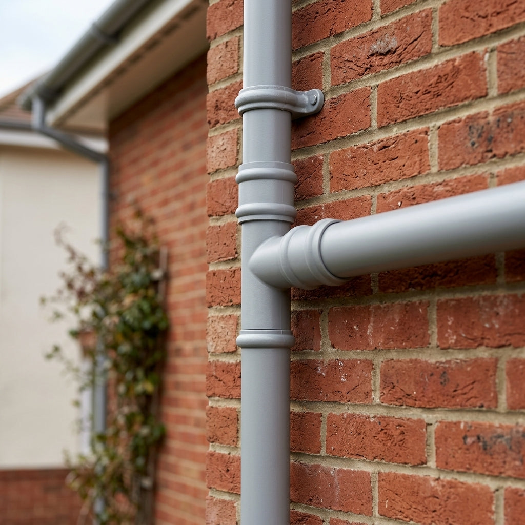 Traditional Aluminium Downpipe Branch 76mm Diameter — RAL 7035 / 112.5 Degrees (in use)