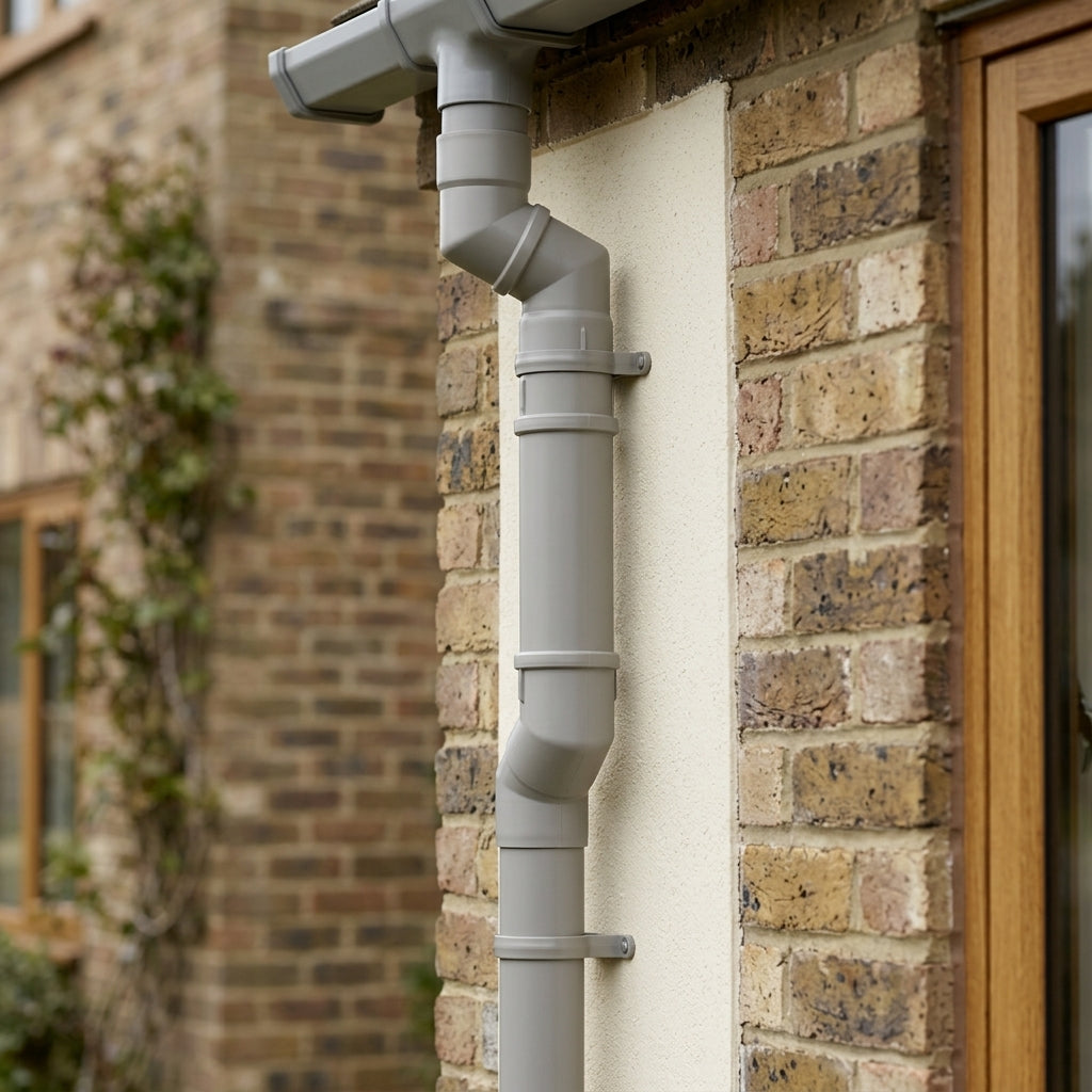 Flush Joint Adjustable Swanneck 63mm Downpipe Connector — RAL 7036 (in use)