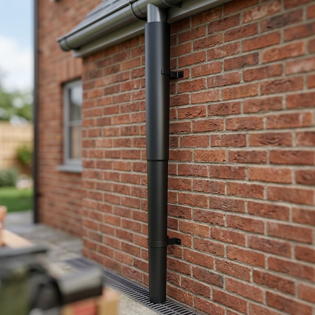 Aluminium Flush Joint Downpipe Sample — RAL 7021 / 76mmØ (in use)