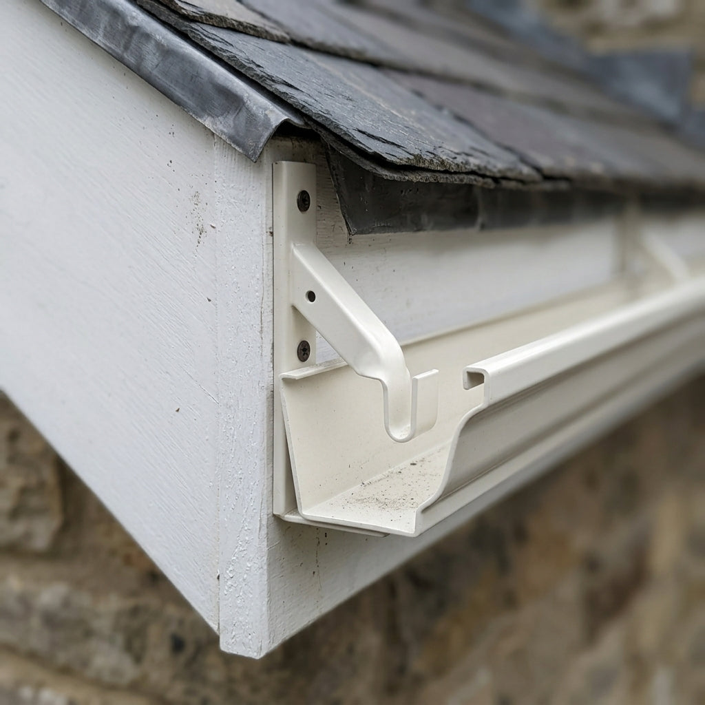 Moulded Ogee Gutter Side Rafter Bracket 125 x 100mm — RAL 9010 (in use)