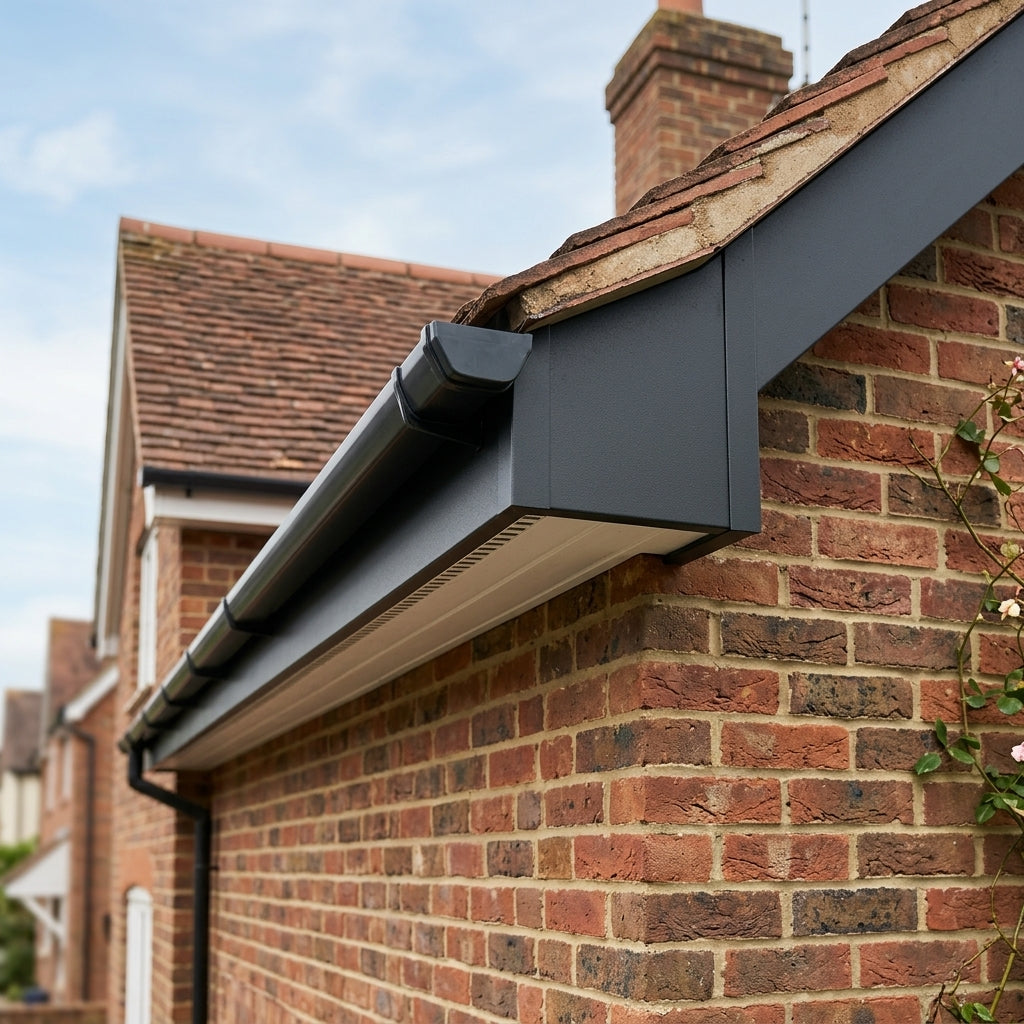 Aluminium Fascia Board Sample — RAL 7021 / 'V' Return (in use)