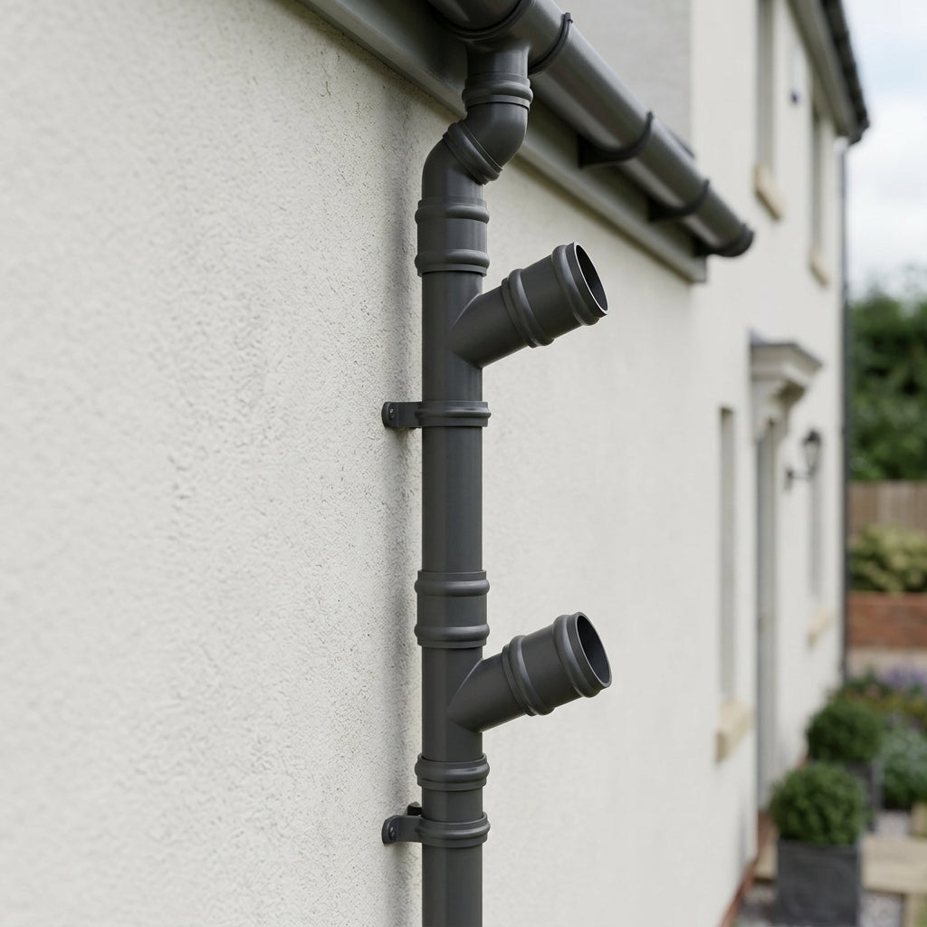 63mm Diameter Traditional Downpipe Branches 92.5° & 112.5° — RAL 7022 / 112.5 Degrees (in use)