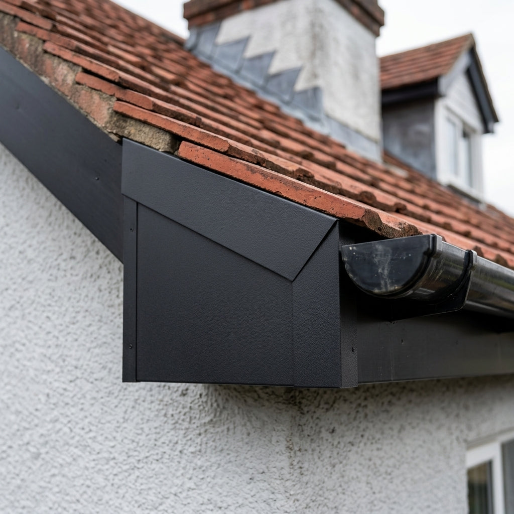 V Return Aluminium Fascia Angle Covers for Mitred Corners — Textured Black / 90 Deg Internal Angle (in use)