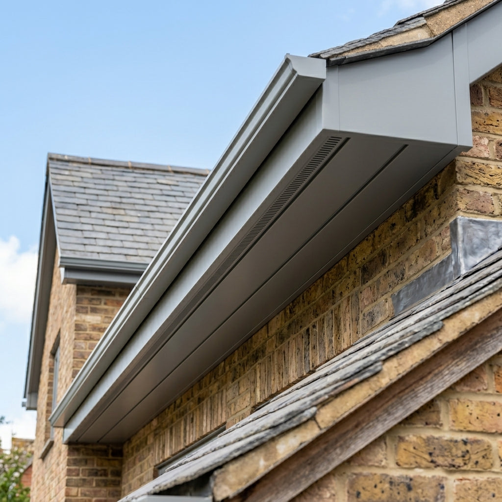 Aluminium Soffit Boards – Plain or Vented with Exterior Coating — RAL 7037 / 490mm Wide | Unvented (in use)