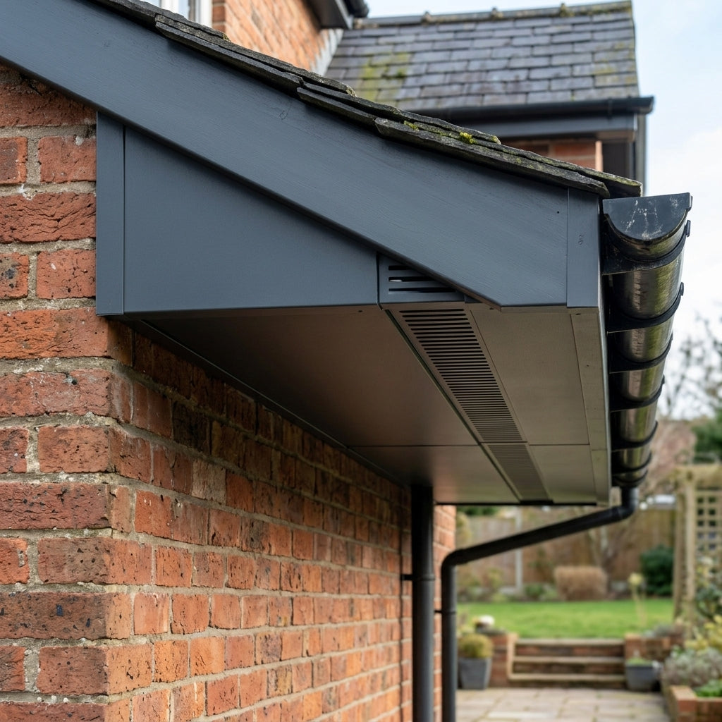 Aluminium Soffit Boards – Plain or Vented with Exterior Coating — RAL 7016 / 490mm Wide | Vented (in use)