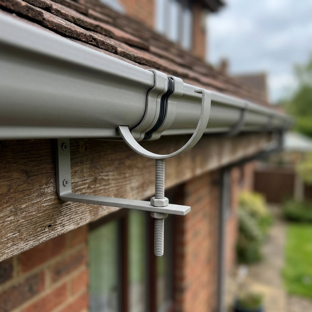 130mm Rise and Fall Gutter Bracket for Deepflow Aluminium System — RAL 7036 (in use)