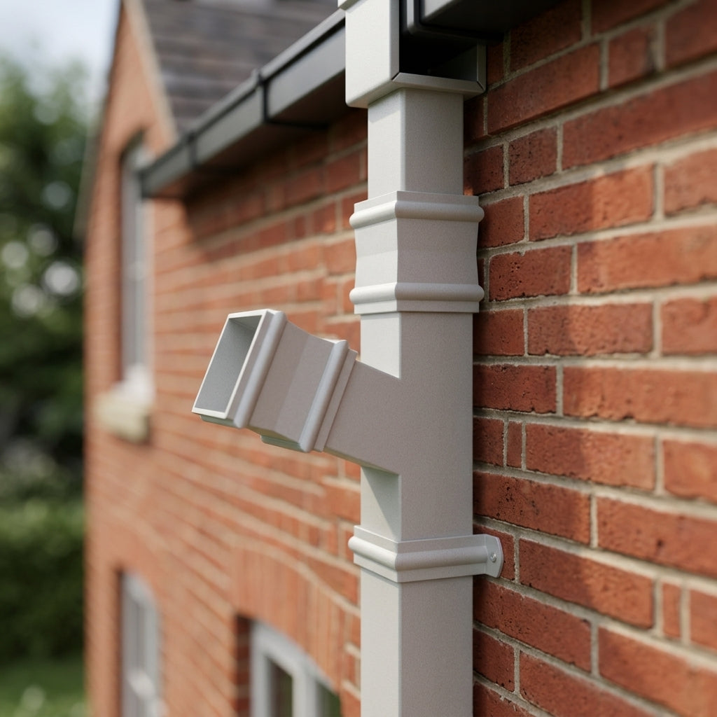 72x72mm Traditional Square Aluminium Downpipe Branches — RAL 7035 / 112.5 Degrees (in use)