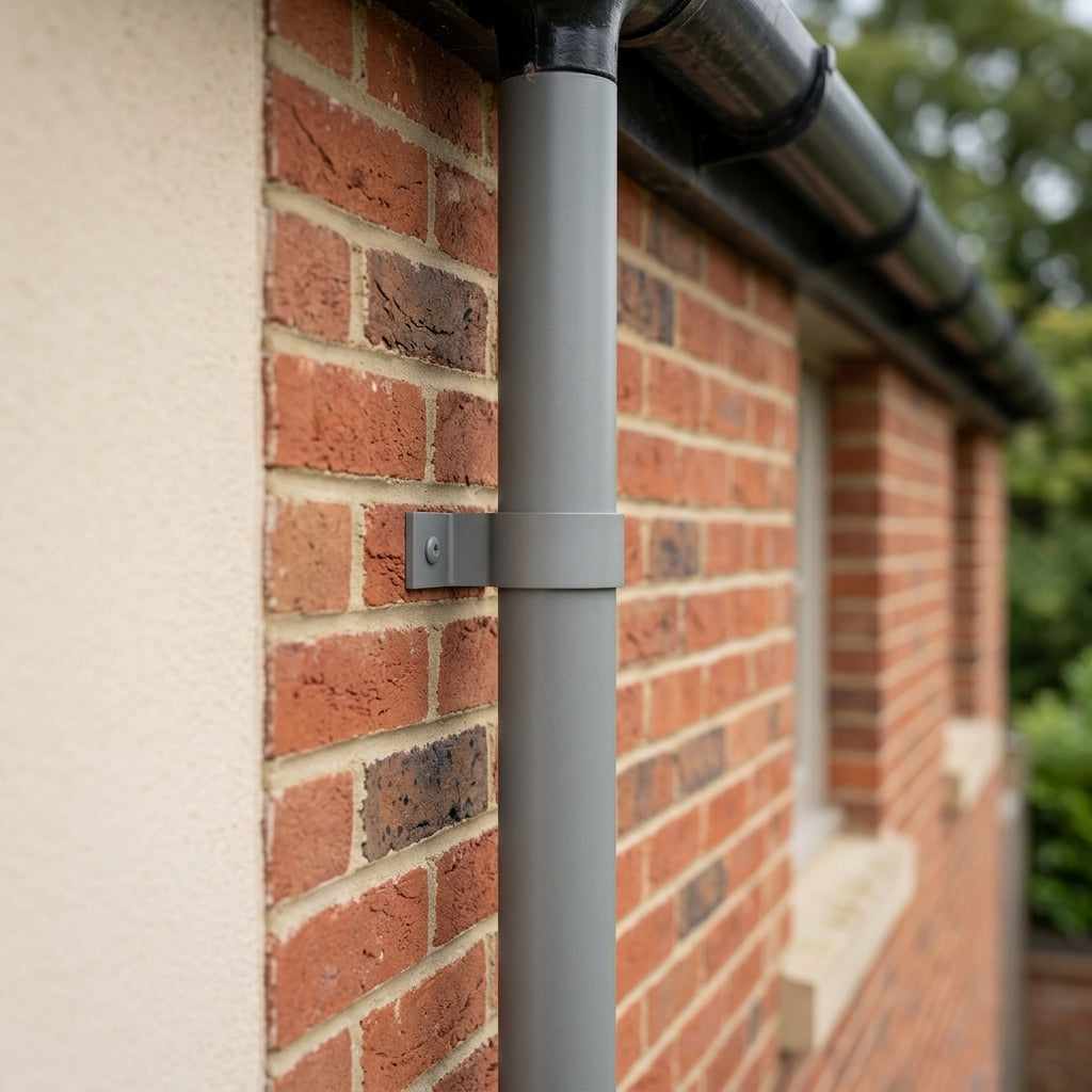 76mm Aluminium Downpipe Clip – Flush Joint — RAL 7037 (in use)