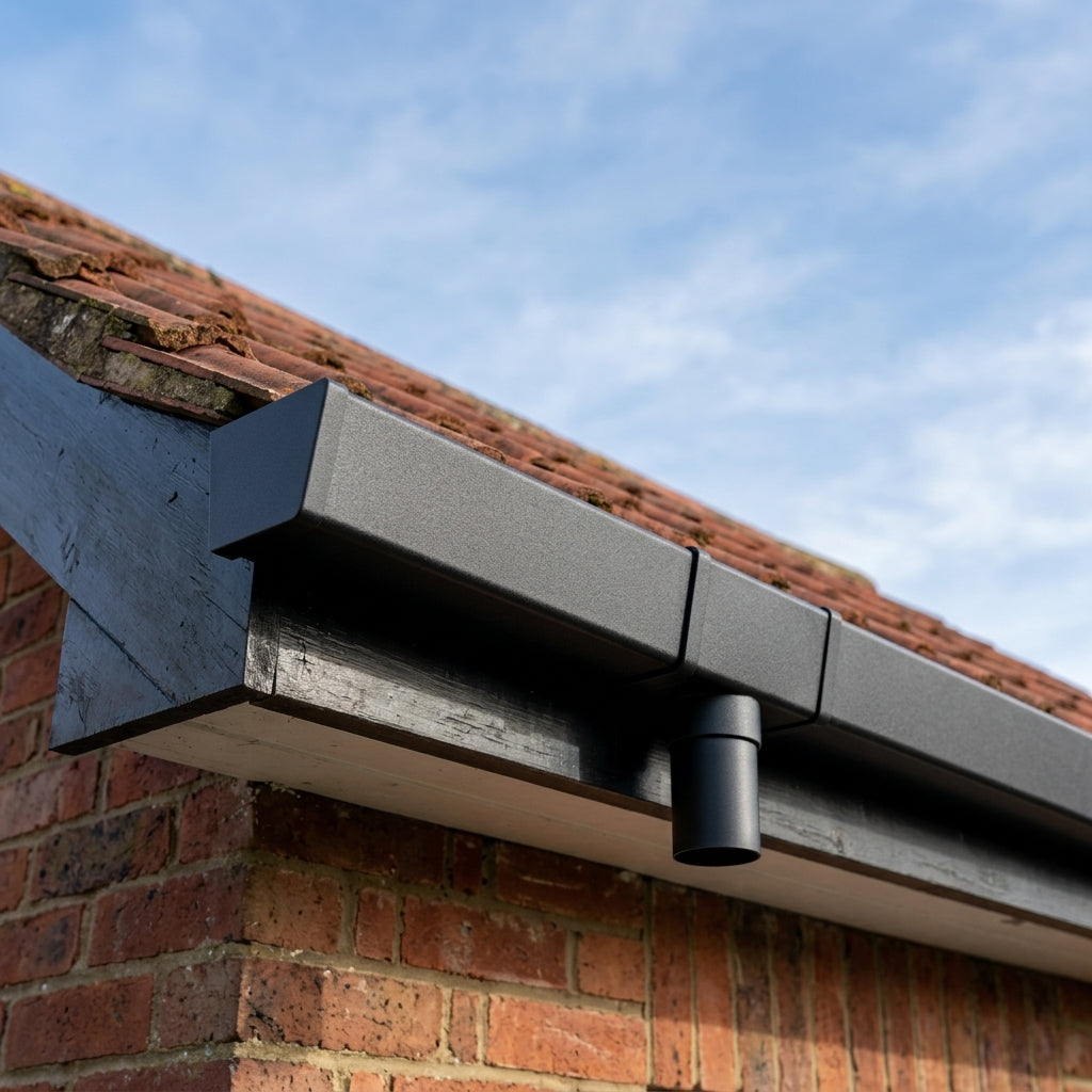 Aluminium Box Gutter Length 135×100mm 3m Marine Grade — Textured Black (in use)