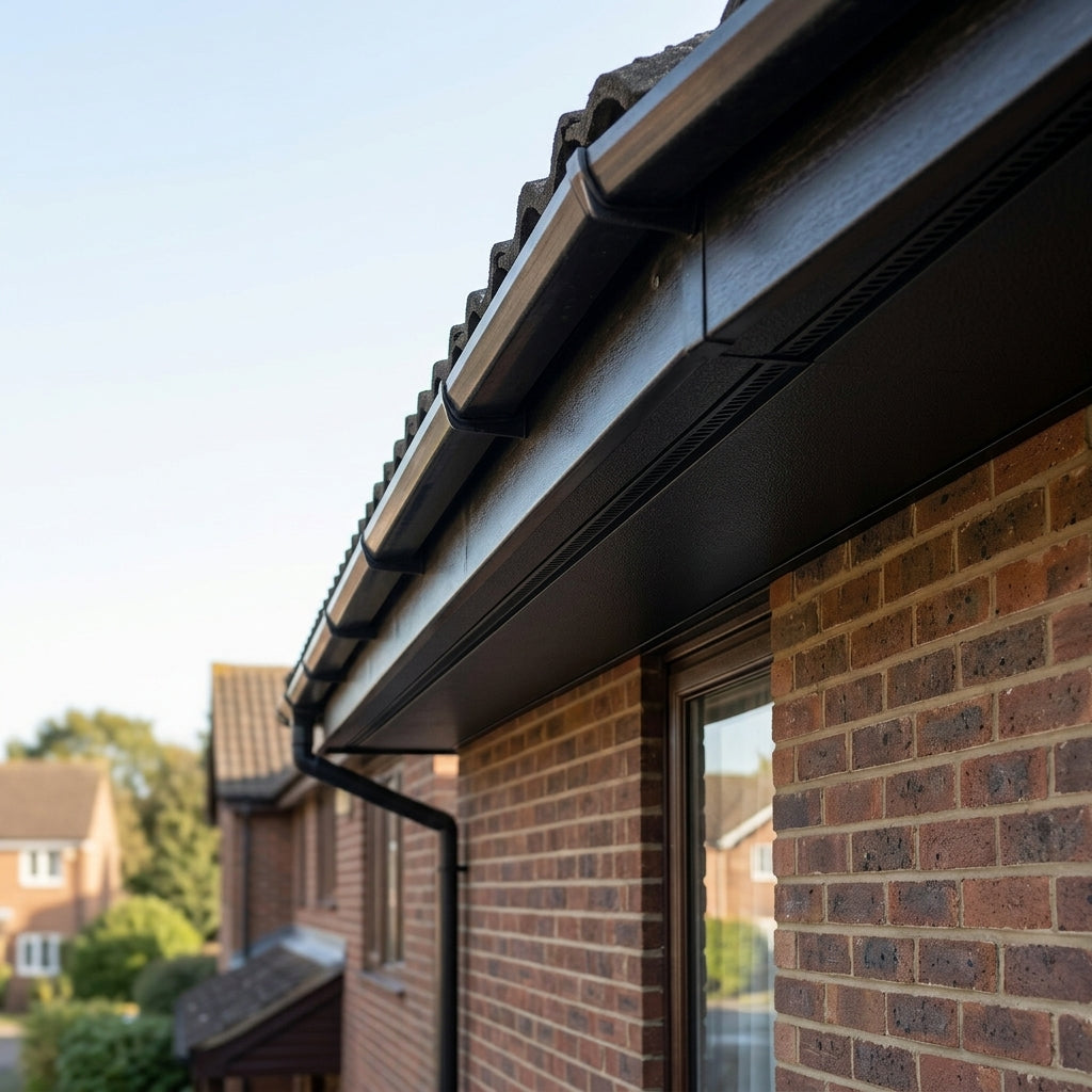 Aluminium Soffit Boards – Plain or Vented with Exterior Coating — Textured Black / 180mm Wide | Unvented (in use)