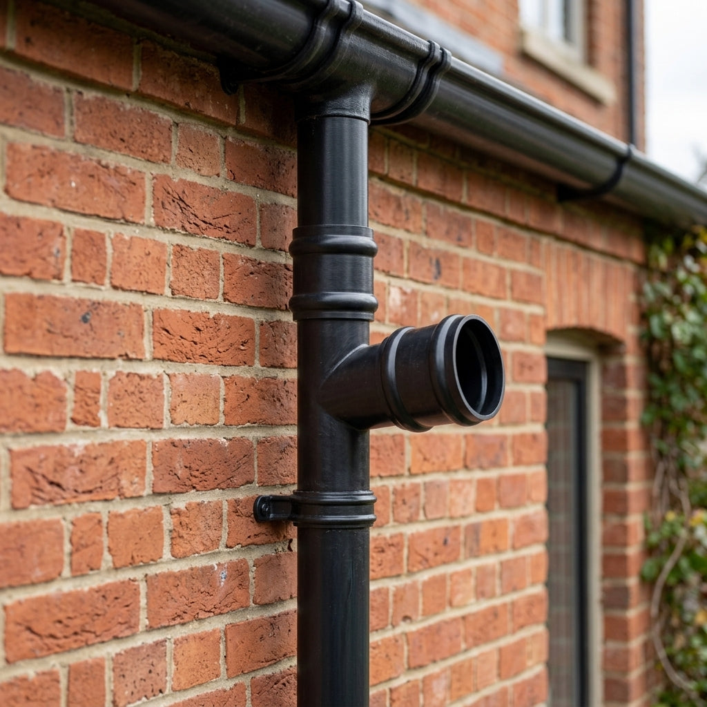 Traditional Aluminium Downpipe Branch 76mm Diameter — RAL 7021 / 112.5 Degrees (in use)