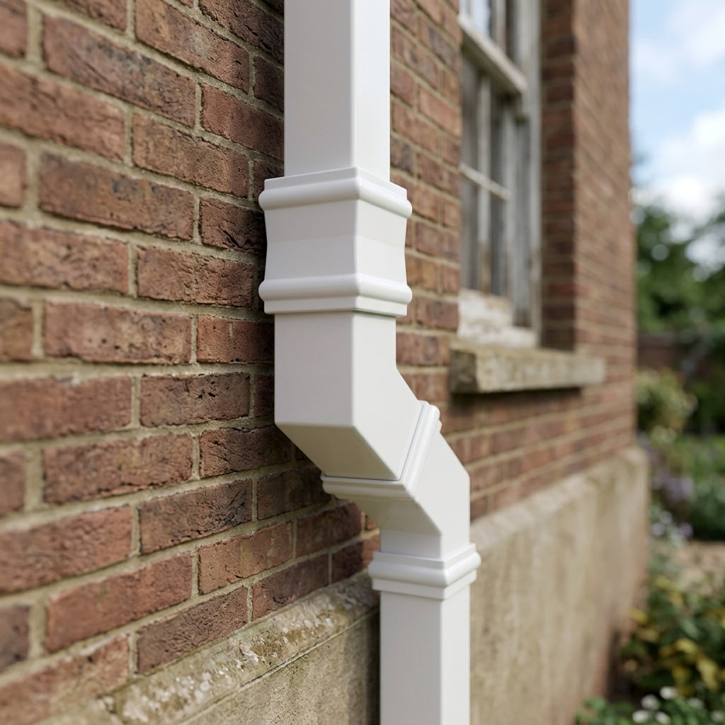 Traditional Aluminium Downpipe Bends 72x72mm – 92.5° & 112.5° — RAL 9016 / 92.5 Degrees (in use)