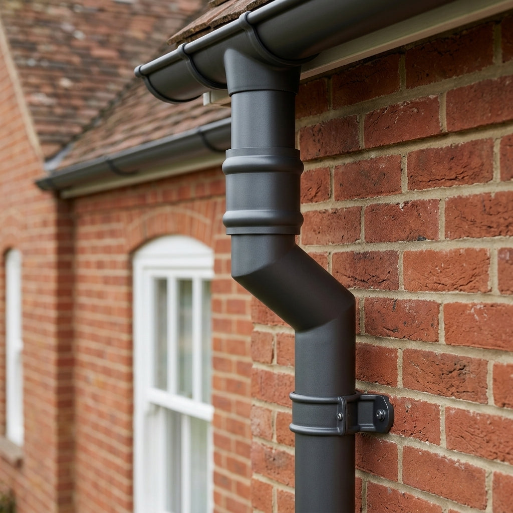 Traditional Aluminium Downpipe Bends 63mm Dia 92.5° 112.5° — RAL 7022 / 112.5 Degrees (in use)