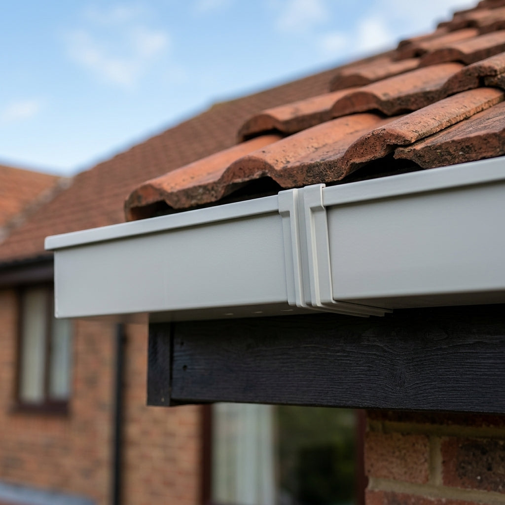 Aluminium Box Gutter Jointer 135 x 100mm — RAL 7035 (in use)