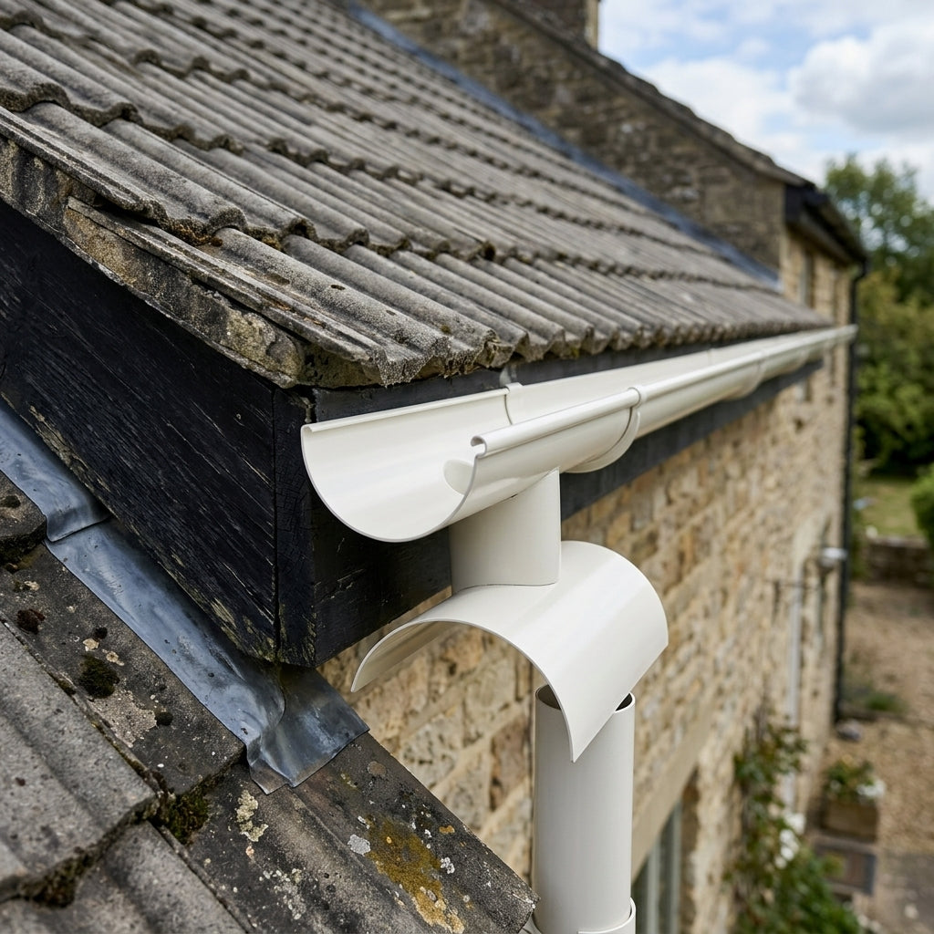 Half Round Aluminium Gutter Outlet 76mm – Marine Grade — RAL 9010 (in use)