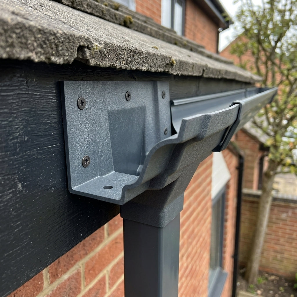 Moulded Ogee Gutter Outlet 72×72mm – 125×100mm Connection — RAL 7016 (in use)