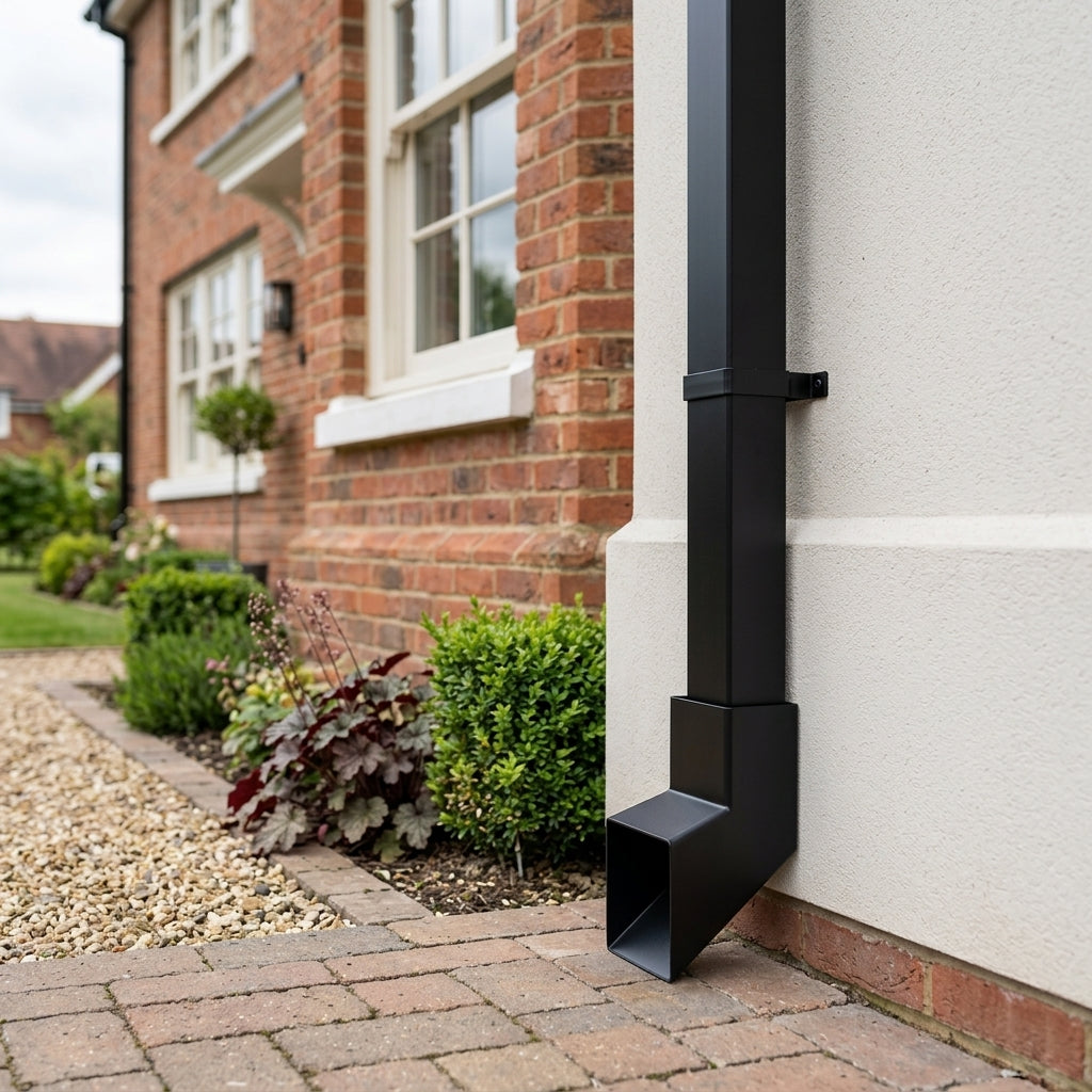 72x72mm Flush Joint Aluminium Downpipe Shoe — RAL 9005 (in use)