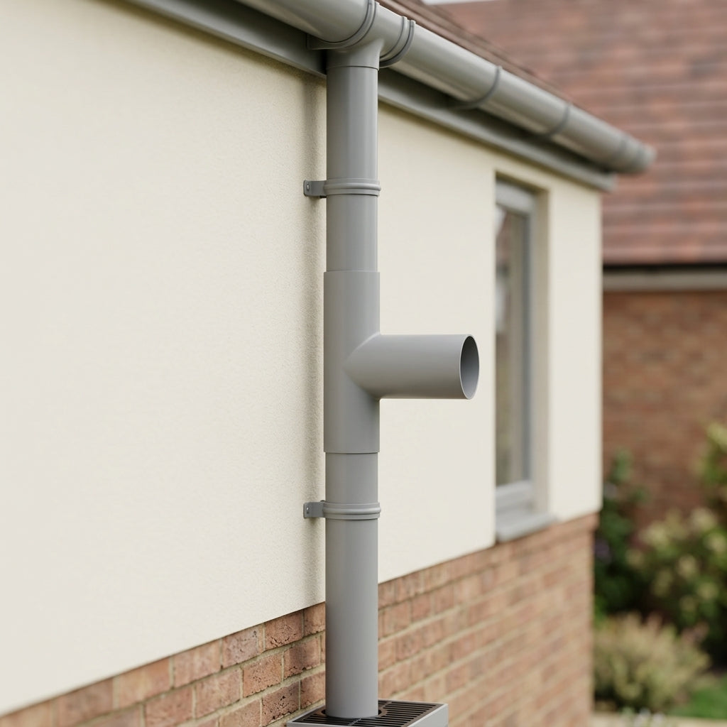 76mm Diameter Flush Joint Downpipe Branches — RAL 9006 / 92.5 Degrees (in use)