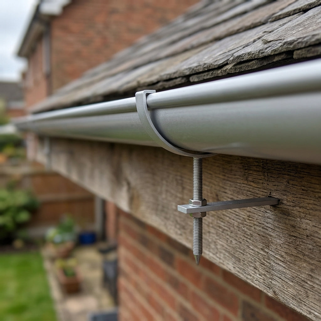 Half Round Aluminium Gutter Rise and Fall Bracket 125mm — RAL 9006 (in use)